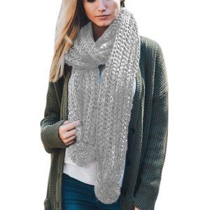 New Gray Pom Pom Ribbed Knit Scarf